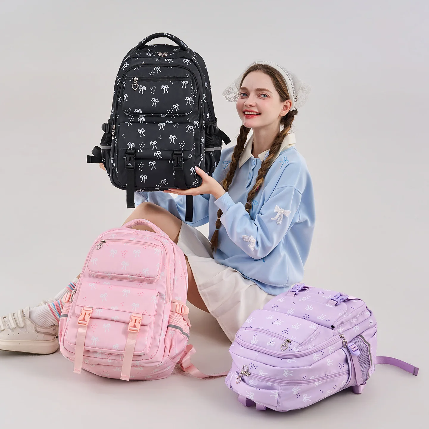 3 Pcs/Set Fashion Bow Print Women Fashion Backpack Lightweight Simple Student School Bag Adjustable Strap Travel Backpack