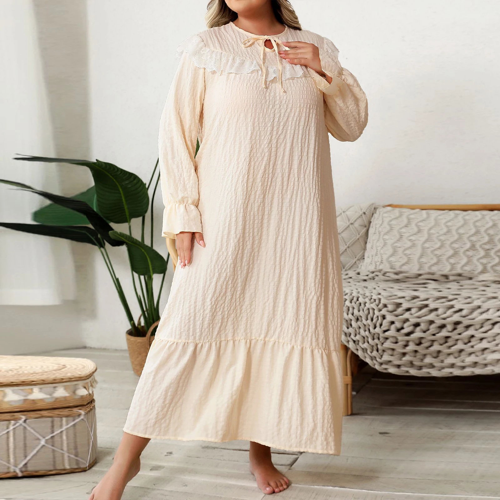 ผู้หญิง PLUS ขนาด Nightgown หลวมลูกไม้ Trim รอบคอยาวแขนยาวชุดนอนชุดลําลองชุดนอนหลวม PLUS ขนาดชุด