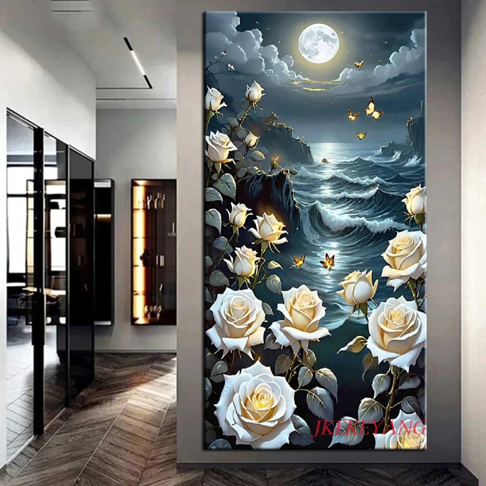 DIY Diamond Painting Cross Stitch Kit White Roses And Moon Full Square Diamond Mosaic New Collection 2024 Home Decor Gift