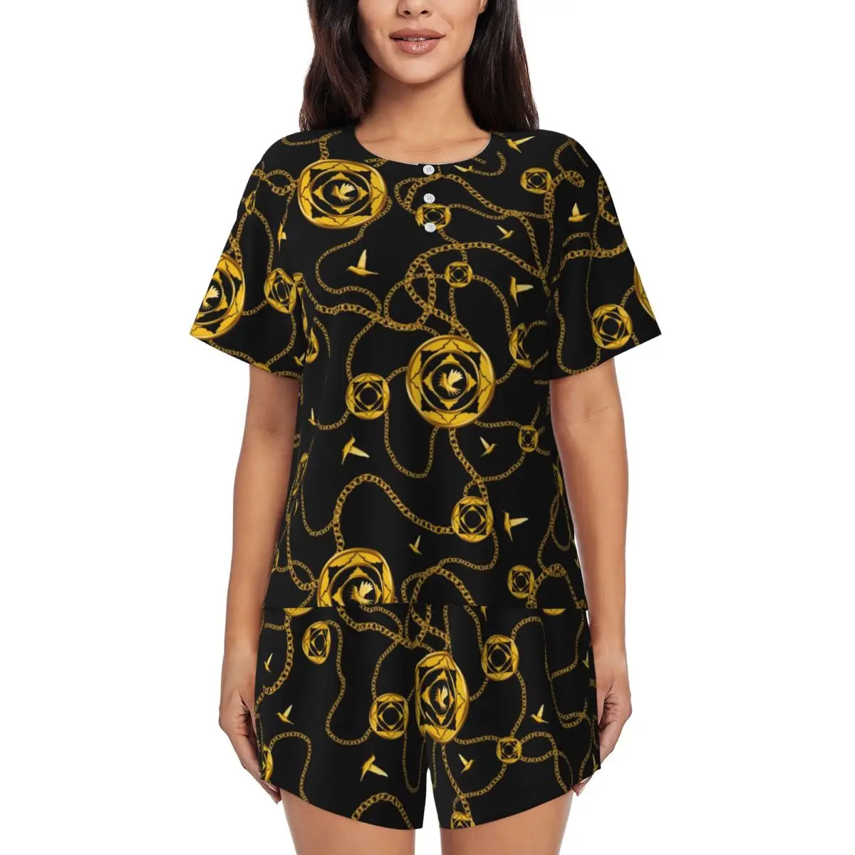 

Модные летние пижамы с принтом цепей, 2 предмета, модные пижамные комплекты с золотым дизайном, женская одежда для сна с коротким рукавом и круглым вырезом