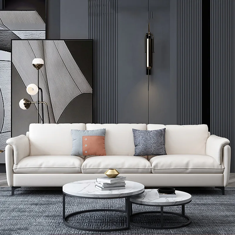 

Italian leather sofa combination three-person living room modern simple light luxury