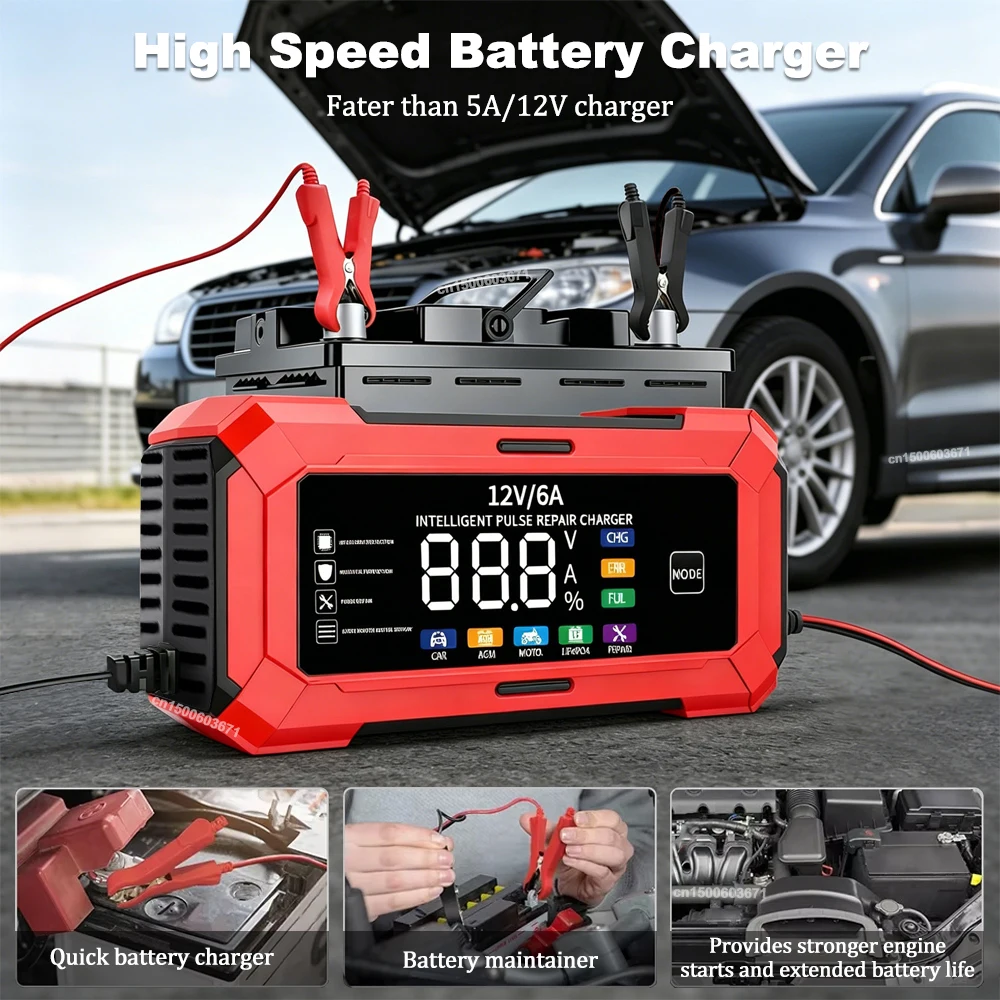 12V 6A Car Battery Charger Intelligent Car Motorcycle Battery Charging Large Display Automatic Pulse Repair Charger for Car Moto