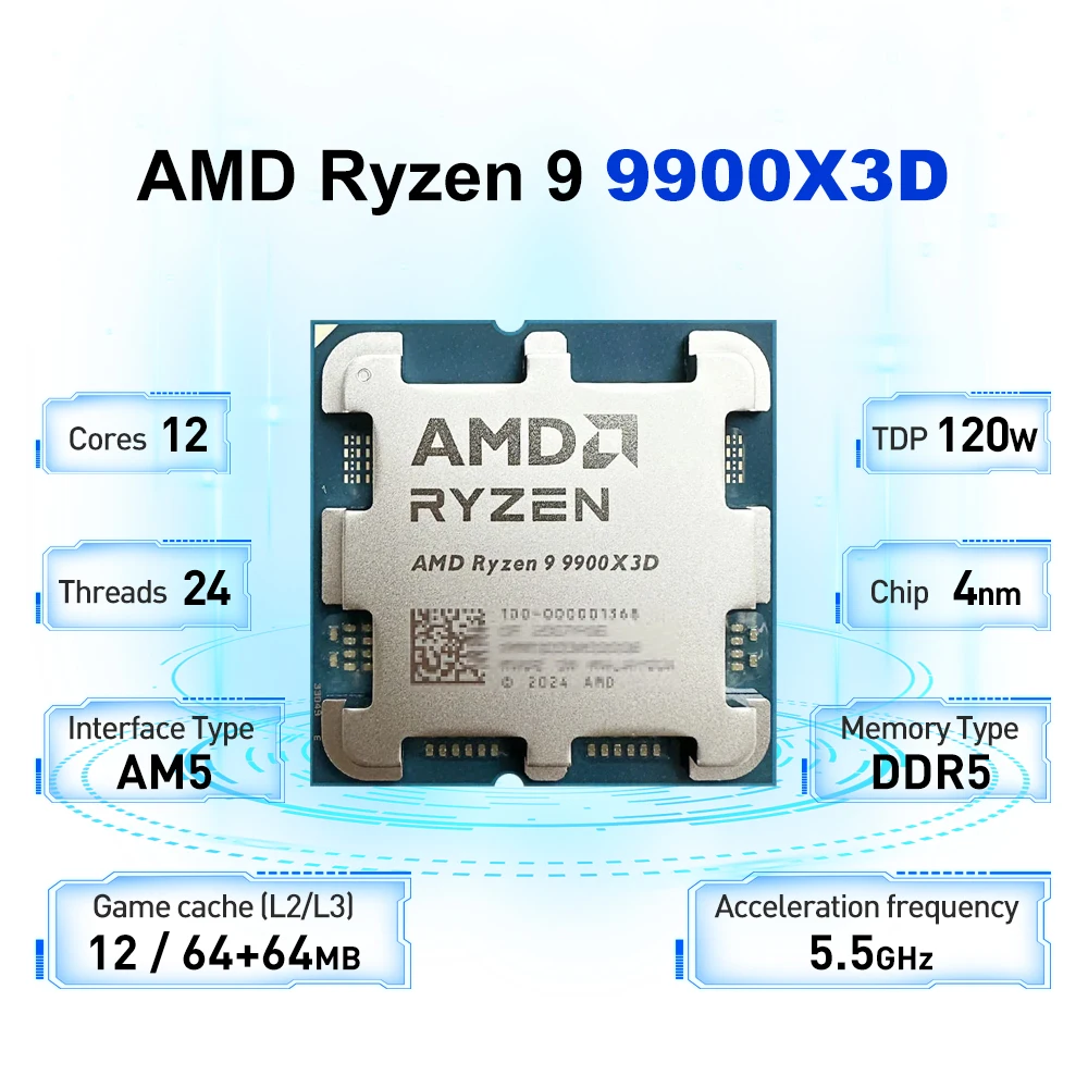 معالج الألعاب AMD Ryzen 9 9900X3D 120 وات 4.4 جيجا هرتز 4NM L3=128M 12-Core 24-Thread R9 9900X3D DDR5 مقبس AM5 ولكن بدون مروحة #3
