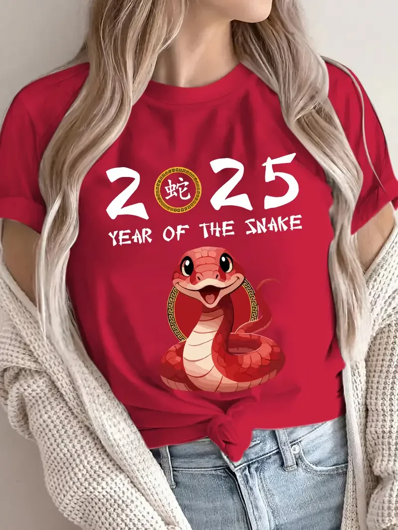 2025 Fun Snake Pattern Women's T-shirt Fashion New Year Gift Simple Short Sleeve T-shirt Animal Printing Trendy Women's Clothing