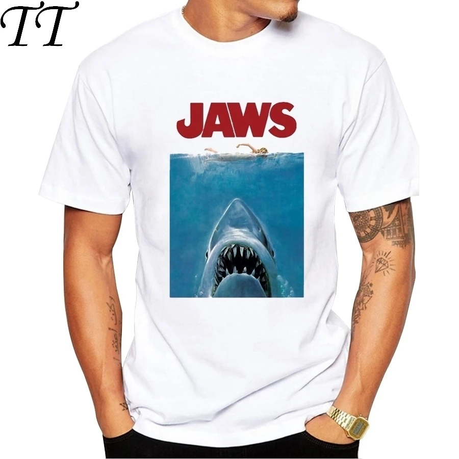 

2025 2019 Funny Summer Vintage Movie Jaws Design T Shirt Men's High Quality Hipster Shark Print Tops Tees gt046