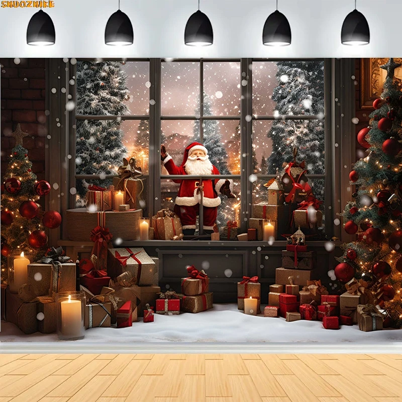 

Christmas Day Wreath Family New Year Party Photography Backdrops Prop Window Living Room Xmas Tree Gift Snow Background BV-07