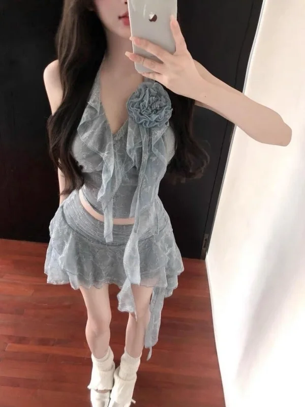 

Корейский жилет с рюшами для девочек, женский летний жилет Pure Desire, сексуальная асимметричная юбка или комплект Faionable Two-...