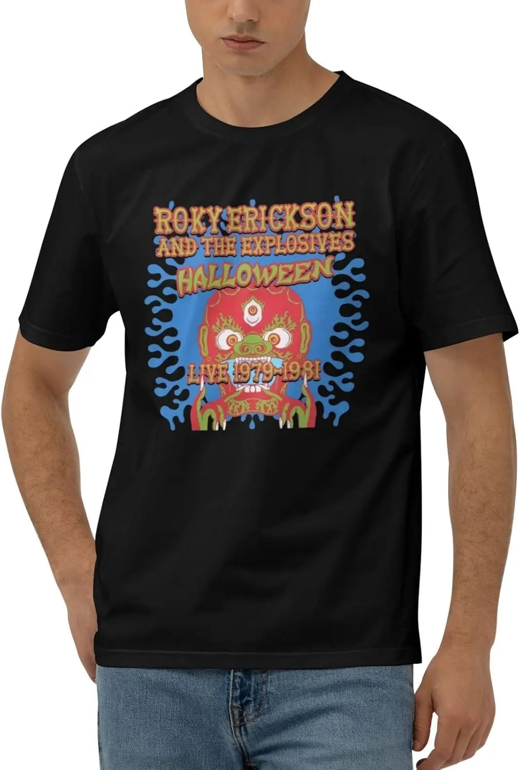 Roky Music Erickson Shirts for Men Short Sleeve Cotton Tshirts Graphic Tee Casual Basic Tee Black