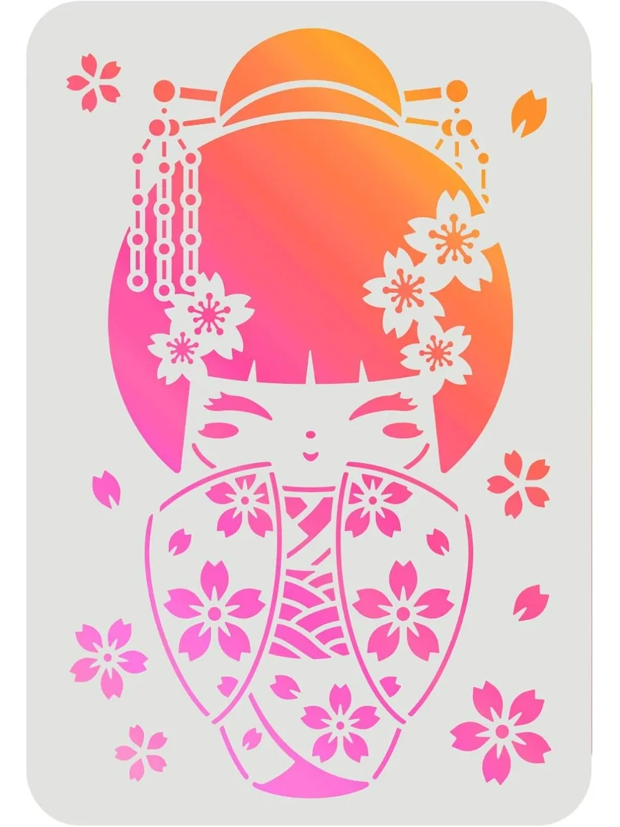 Kokeshi Japanese Doll Stencil 11.7x8.3inch Kokeshi Dress Up Doll Drawing Stencil Japanese Doll Cherry Blossoms Pattern