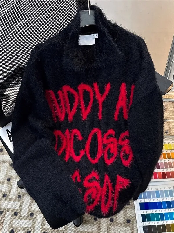 

Мужской трикотаж, зимний свободный свитер из искусственного меха, американский уличный свитер в стиле ретро с буквенным принтом, мужской модный вязаный топ