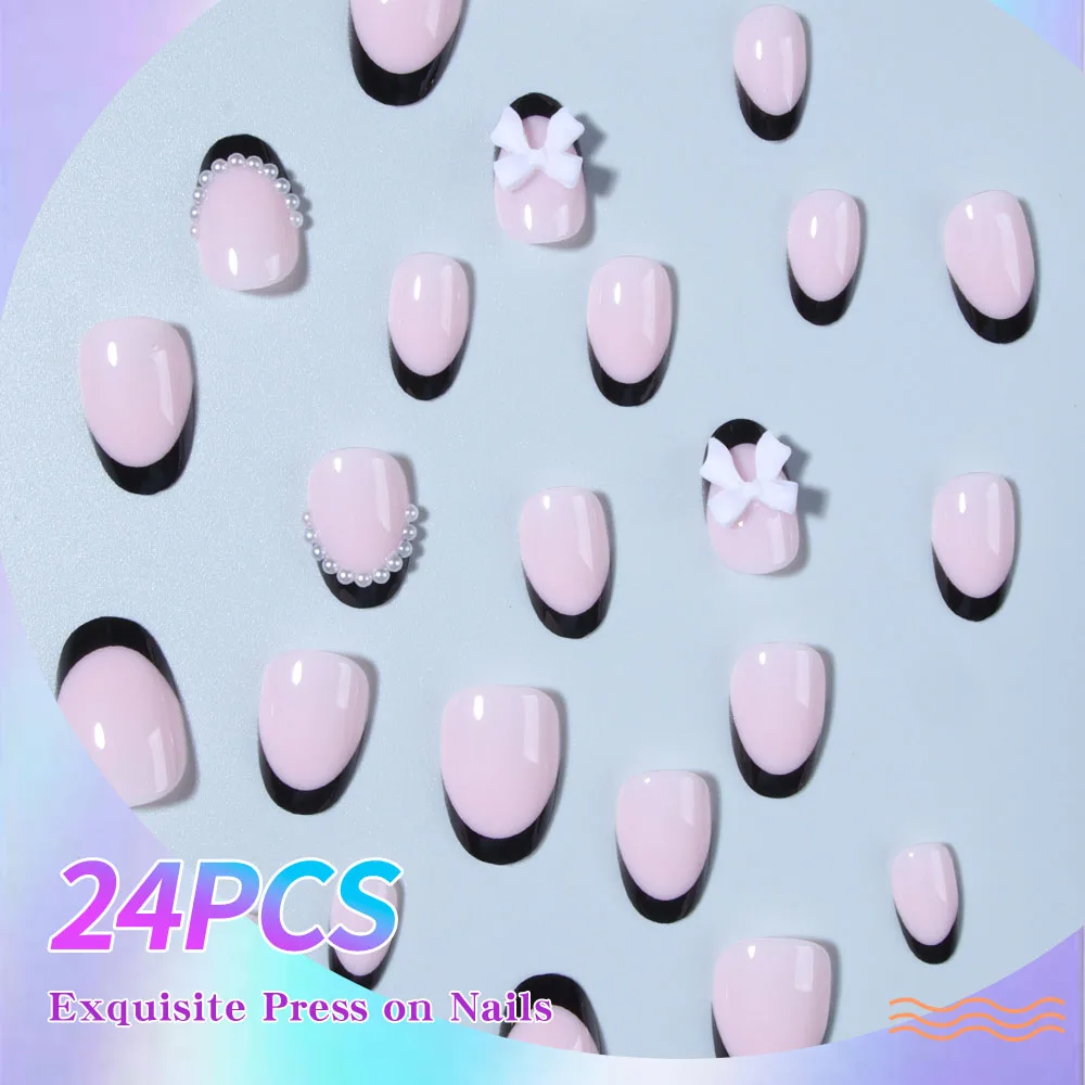 24個入り ショートオーバル ブラックフレンチチップ つけ爪 ショートボウ パールデザイン 完璧にフィットするアクリル製つけ爪セット、内容物あり
