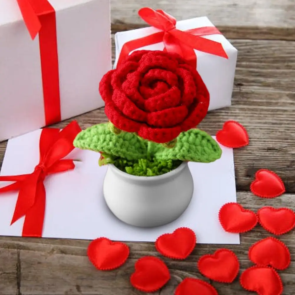 DIY Handwoven Simulation Pot Knitting Rose Flower Potted Plants Thread Crochet Knitted Finished Rose Bonsai Cute Style