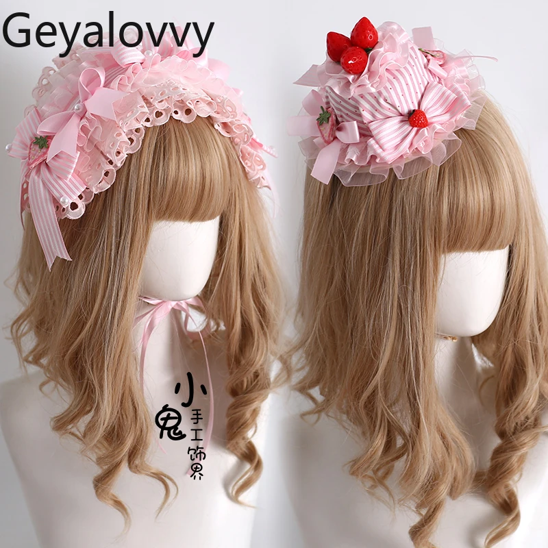 

Original Pink Striped Headband Japanese Lolita Sweet Cute Versatile Cake Top Hat Handmade Bow Hand Sleeve Hairbows for Girls