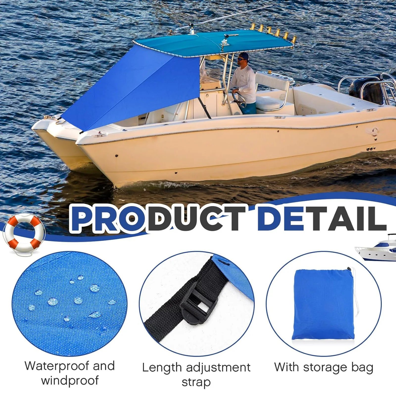 Boat T Top Bow Shade 600D Oxford Fabric Waterproofing Wind Proof Boat T Top Cover Sun Shade for Beach Travel Camping