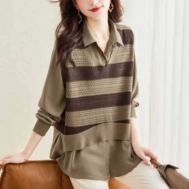 

Faionable Knitted Top And Bot Set Women's Loose Splicing irt Age-Defng Spring Autumn Wear Comfortable Long Sve