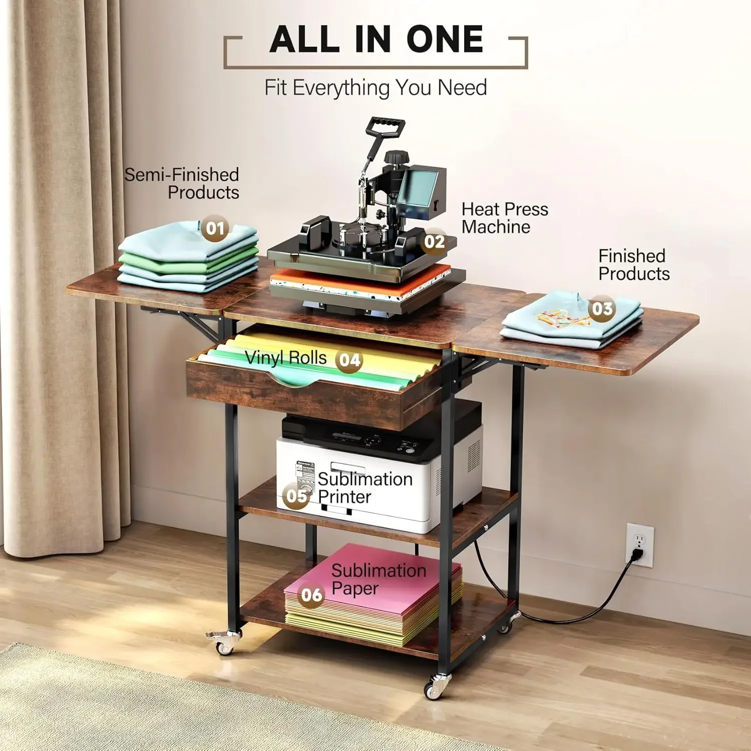 

Movable 3 Tier Heat Press Table, Foldable Heat Transfer Machine Stand with Vinyl Roll Holder, Heat Press Table Cart Stand