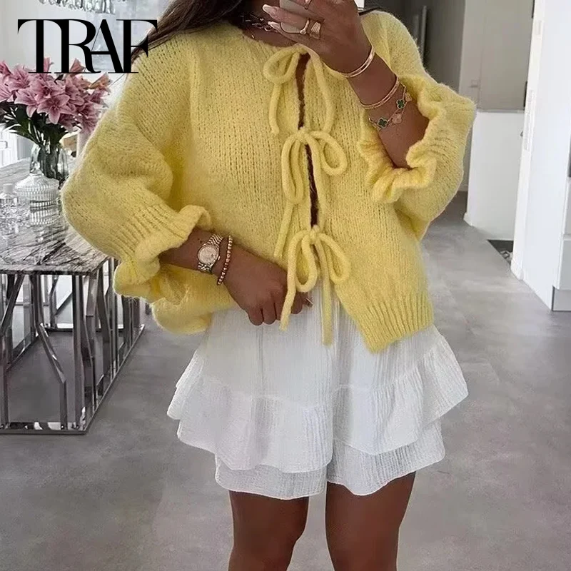 TRAF Yellow Sweater Top Women 2024 Spring Autumn Short Sleeve Butterfly Lace-Up Knitted Top Ladies Fashion Casual Knitwear Top