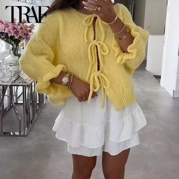 TRAF Giallo Maglione Top Donna 2024 Primavera Autunno Manica corta Farfalla Lace-Up Top lavorato a maglia Moda donna Casual Maglieria Top