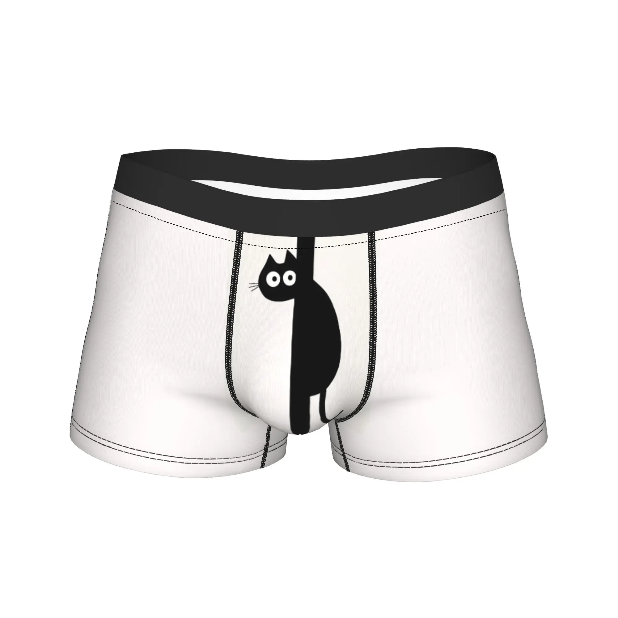 Simple Black Cat Peeking Behind Vertical Black Line Minimal Art Underwear  Breathable Panties Custom DIY Boxer Brief