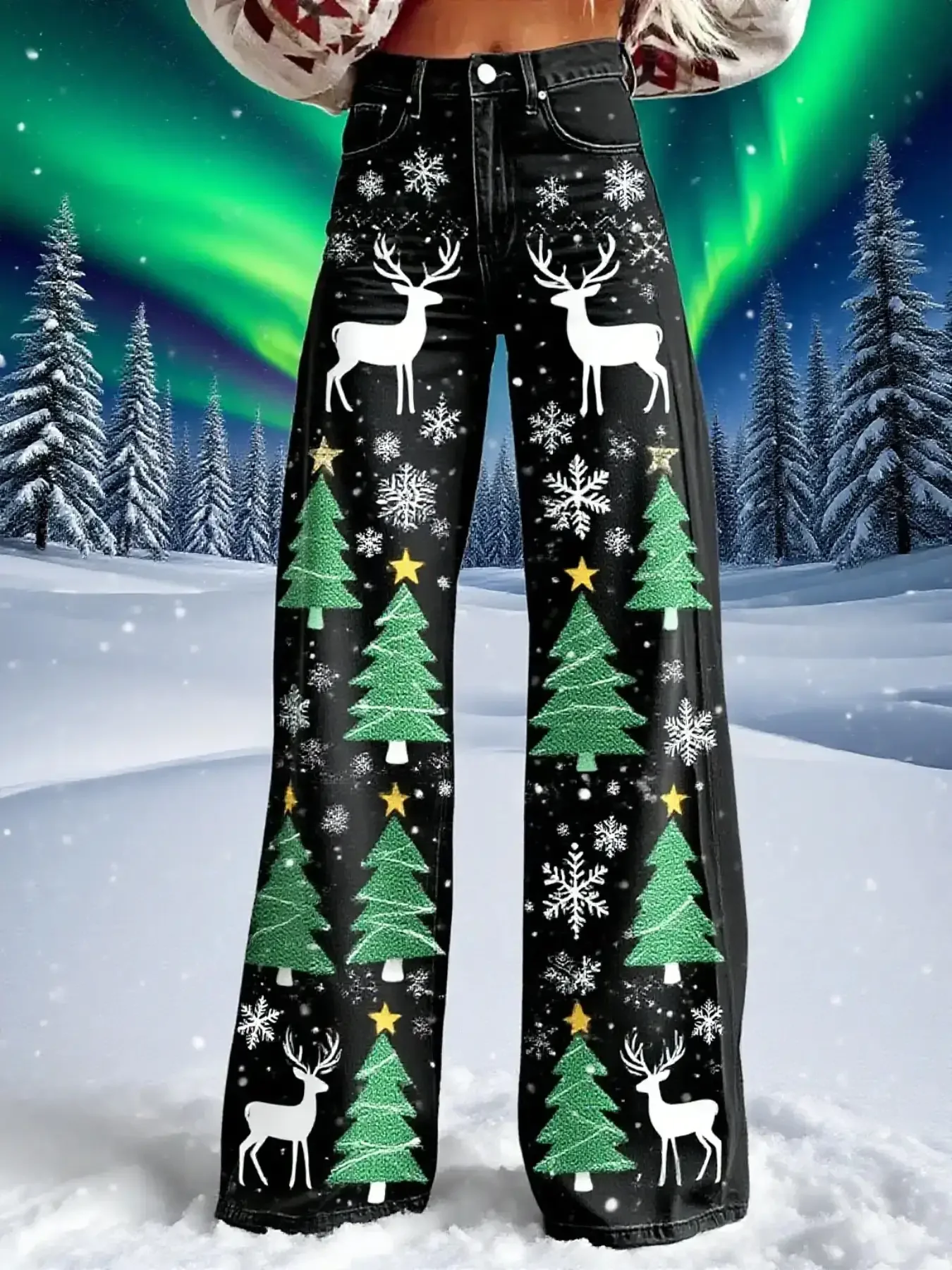 Christmas ladies' new printed retro jeans, imitation denim fabric, casual and fashionable patterns, diverse pants