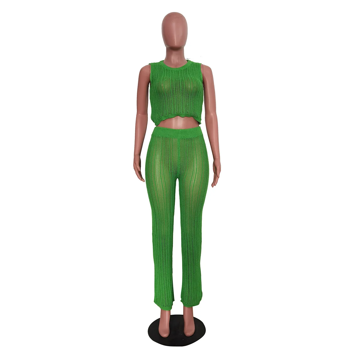 Knitted Elegant Women's Sets Solid Sleeveless Slim Crop Top Vest Two Piece Summer Sexy Hollow Out Female High-waisted Pant Sets