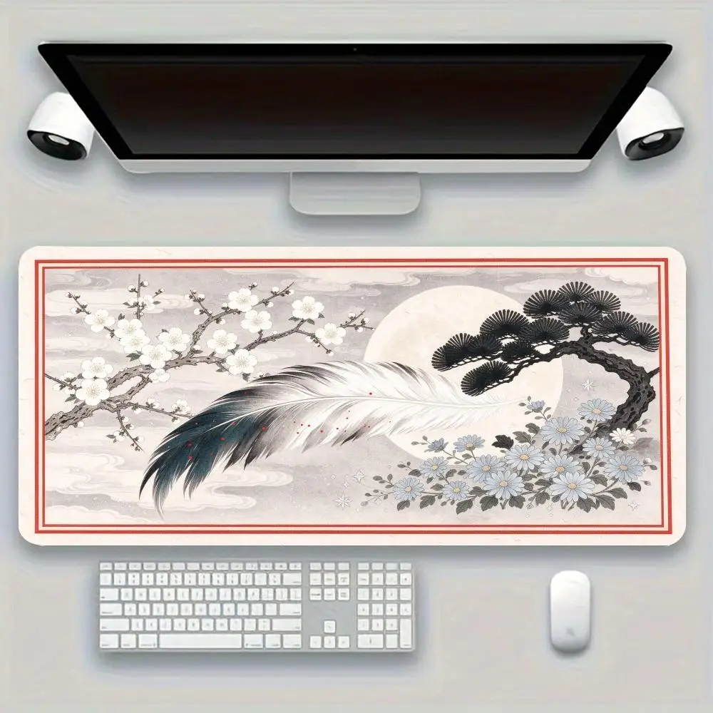Ink Wash Pine Feather Moon Table Mat Smooth Glide Precision Tracking For Oriental Office