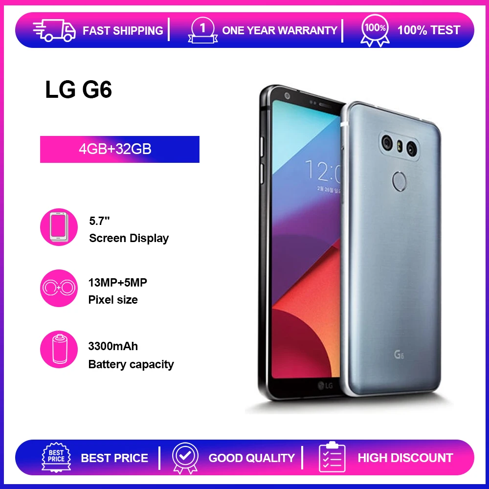 الأصلي LG G6 H870/H872/H873/H870DS 4G غير مقفلة موبايل بلوتوث بصمة 5.7 ''13MP أندرويد OS الهاتف المحمول