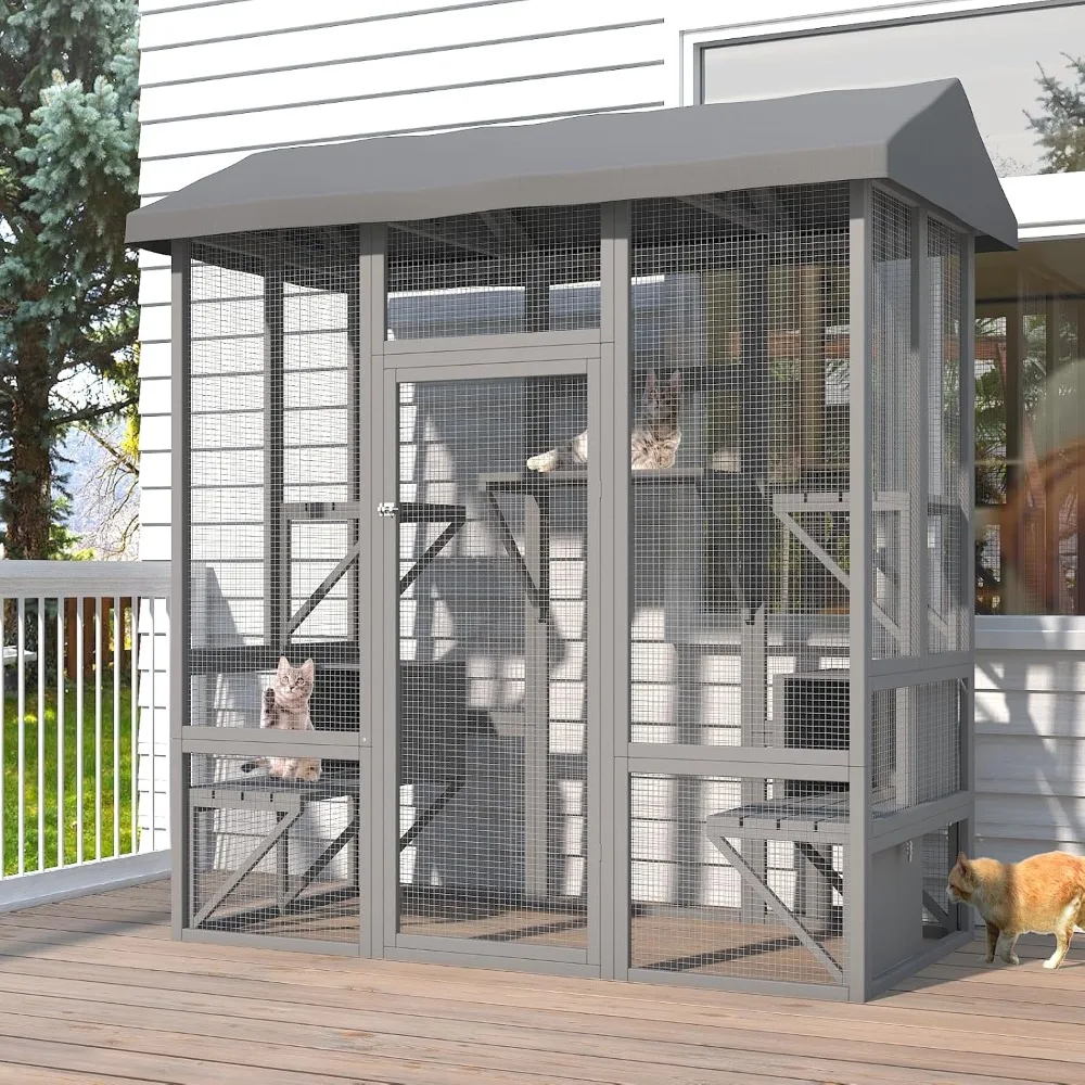 

Outdoor Cat Enclosure, Large Cat House for Mulitiple Cats Walk in Cat Cage with Waterproof Cover and Sunshine Panel Roof