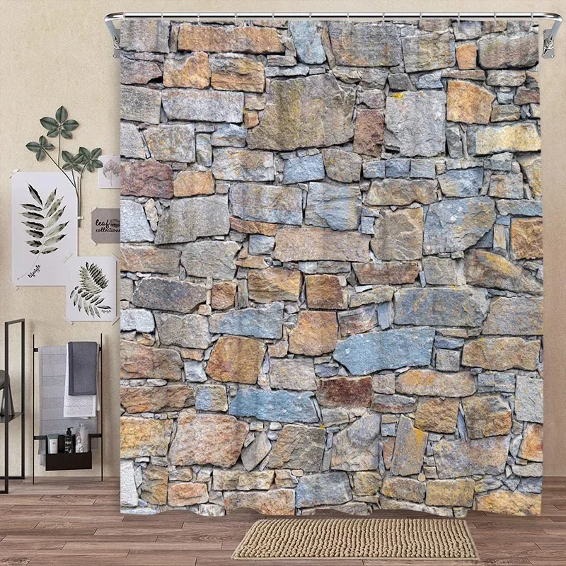 Vintage Shower Curtain Brick Wall Farm Nature Plant Retro Red Brick Rock Home Polyester Fabric Bathroom Decor Curtain with Hoo