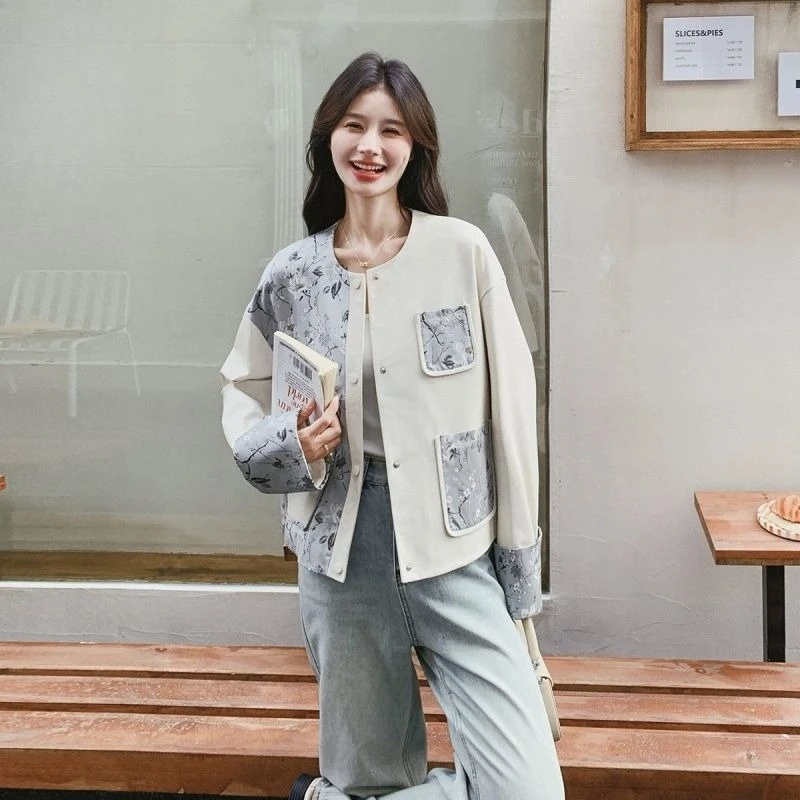 Women's Coat Loose Round Neck Fashion Splicing Jacket Women Button Long Sleeve Pockets Casual Daily Breathable Women Clothing