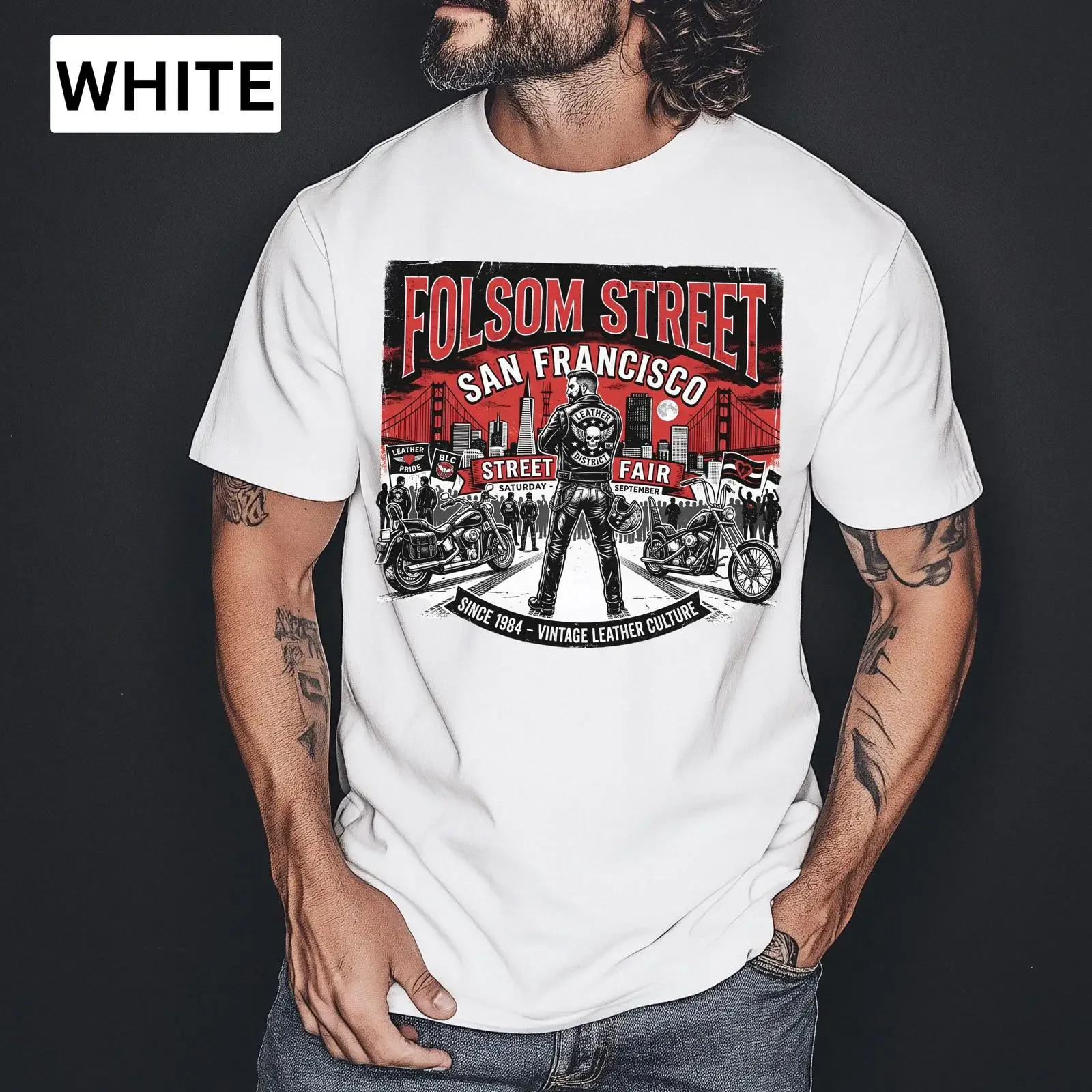 Folsom Street San Francisco T shirt Gay Leather Biker Vintage Festival Poster Tom Of Finland Style Art vintage Washed homme