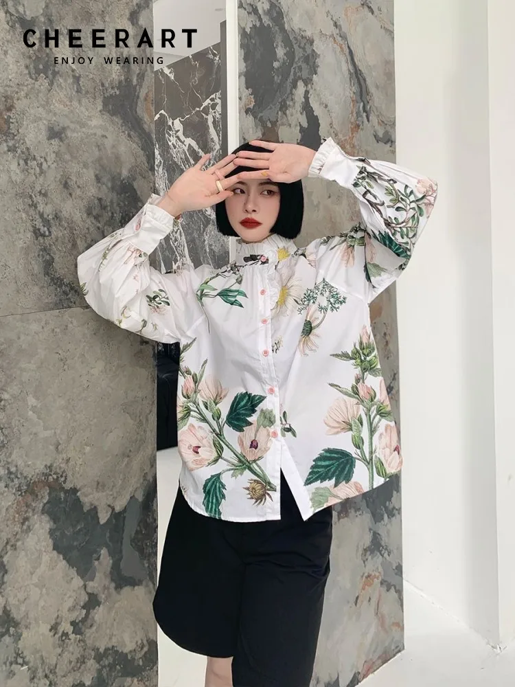 CHEERART Fall 2022 Vintage Fashion Lantern Sleeve Plant Floral Shirt For Women White Long Sleeve Top Designer Blouse Clothing