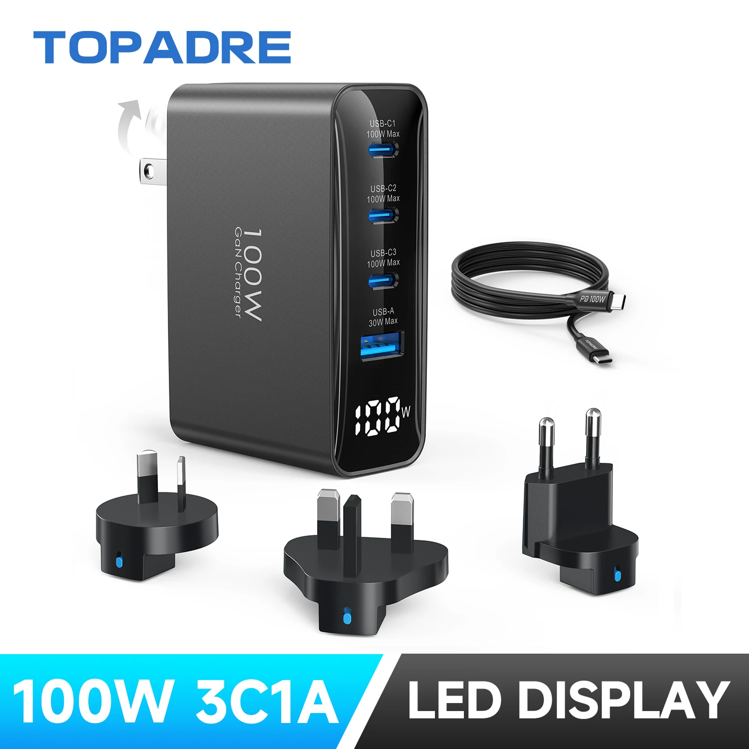 

Дорожное зарядное устройство USB C мощностью 100 Вт, складной адаптер для путешествий на 4 порта, конвертер с вилками Великобритании/ЕС/Австралии, быстрая зарядка для iPad iPhone