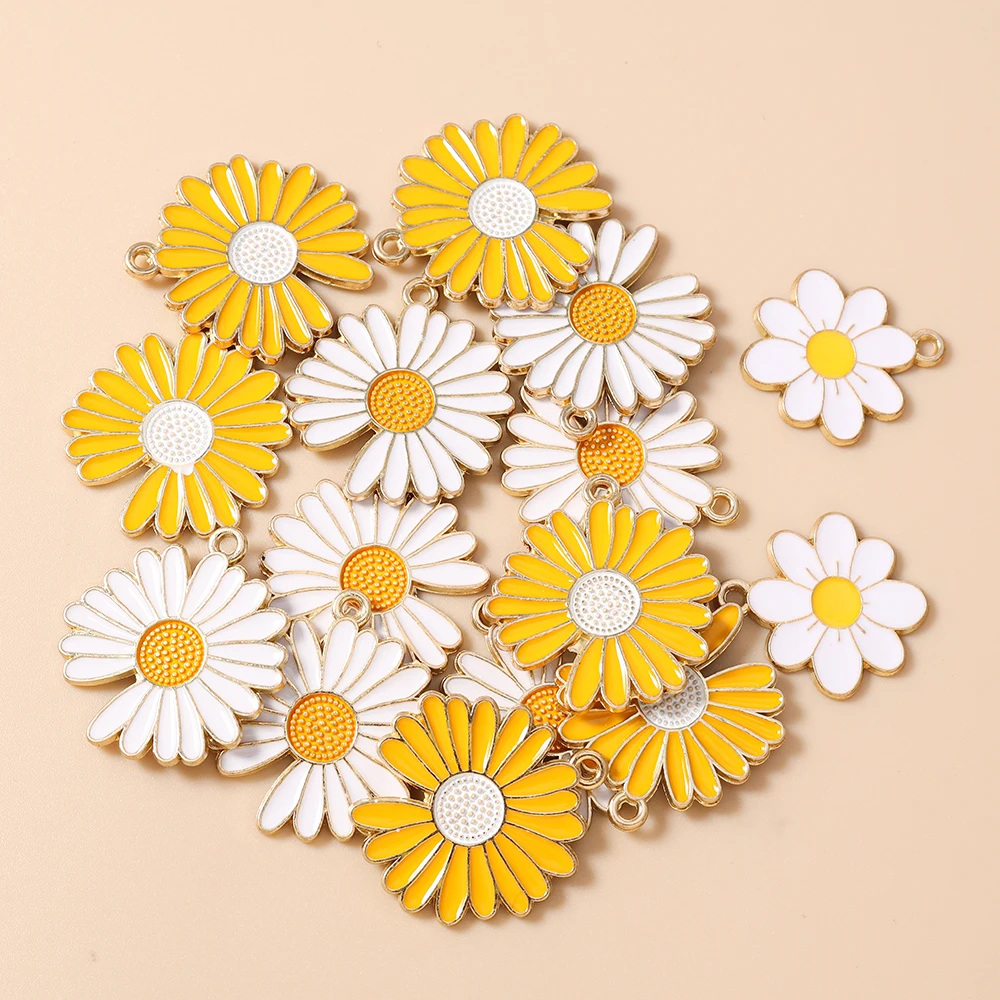 Leslie 10pc Enamel White Yellow Daisy Flower Pendants for Making Necklace Earrings Bracelets Charms DIY Jewelry Accessories
