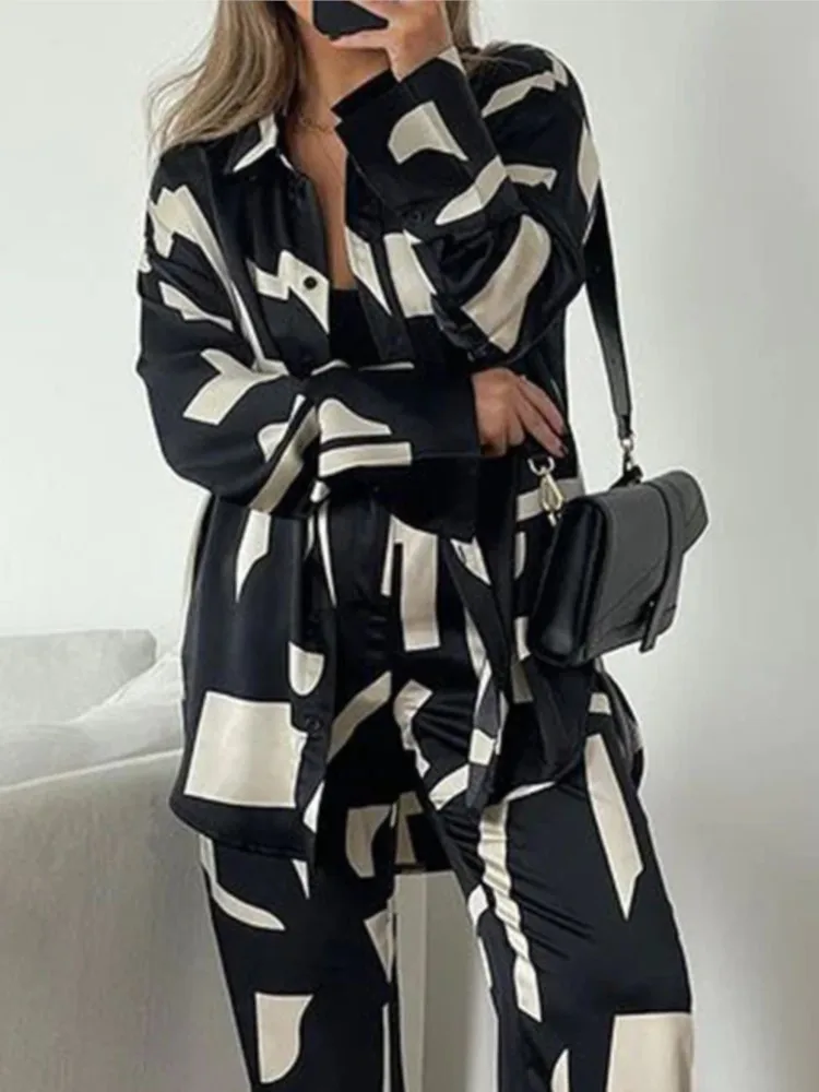 Black White Print Pants Sets Women Fashion Long Sleeve Shirts Wide Legs Trousers Two Piece Set Autumn New Lady Suits Streetwear