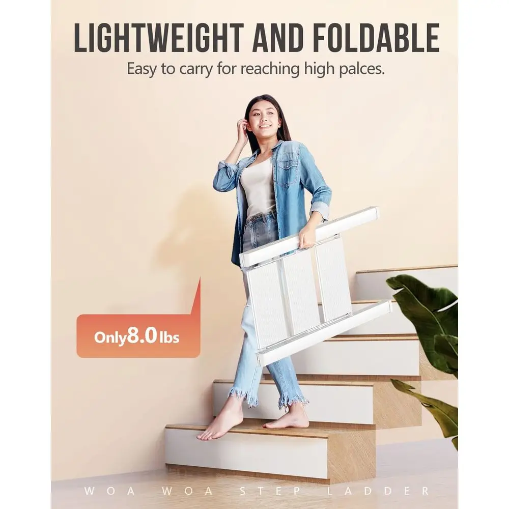 مقعد ألومنيوم قابل للطي، سلم خفيف الوزن للاستخدام المنزلي، مضاد للانزلاق، محمول، يحمل 300 رطل - أبيض #5