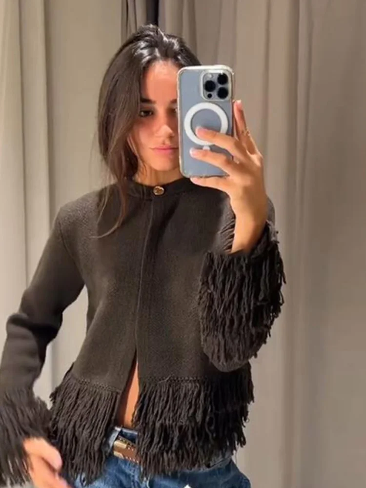 

2026 Autumn Winter Female Sweaters Chic Fashion Coat Lady Tops Tassel Knitted One Button Cardigans Women Long Sleeve O-neck