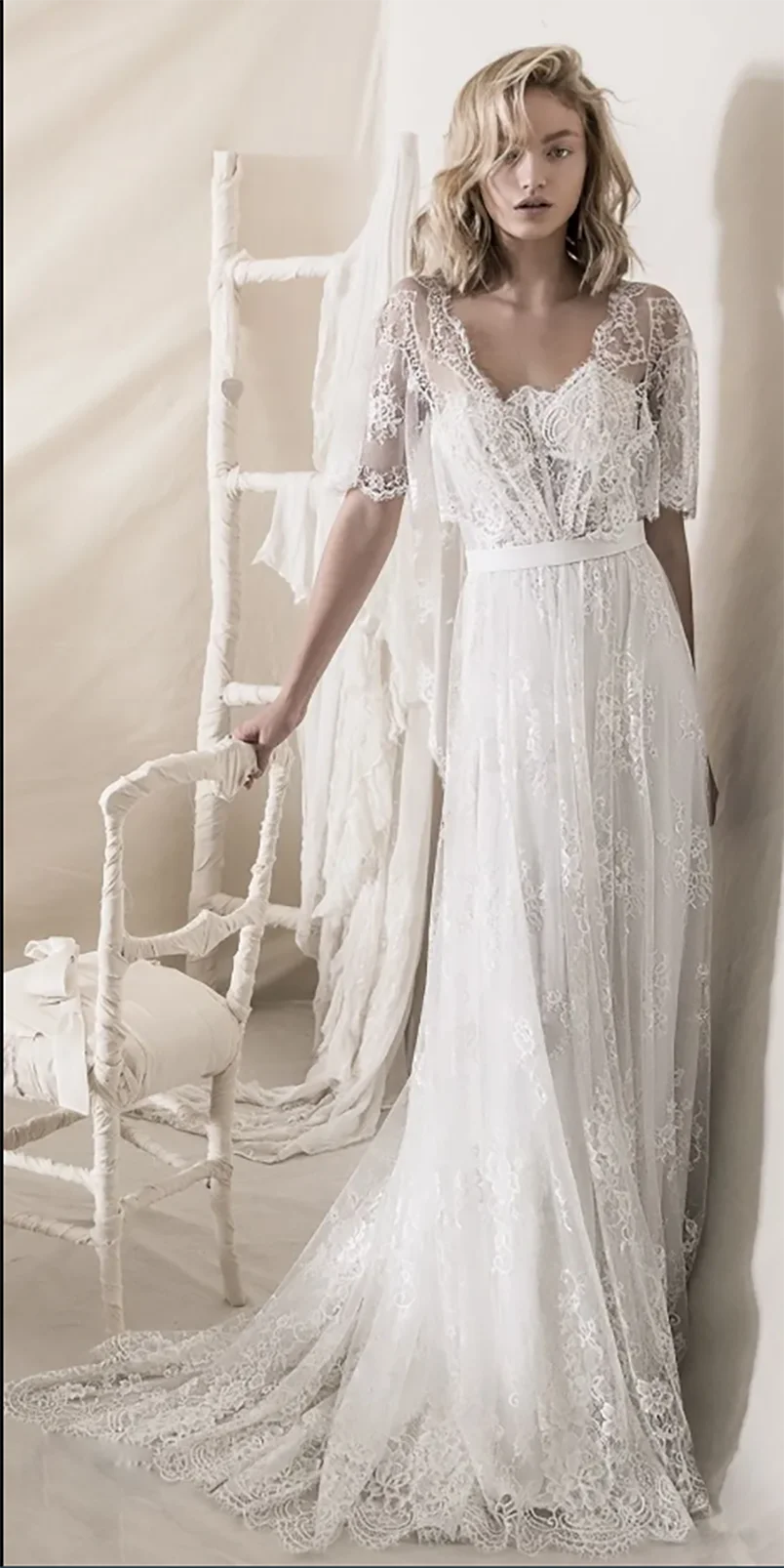 Romantic Bohemian Wedding Dresses with Wrap Soft A Line Strapless Bridal Gowns Lihi Hod Full Lace Wedding Dress Vestidos De Novi