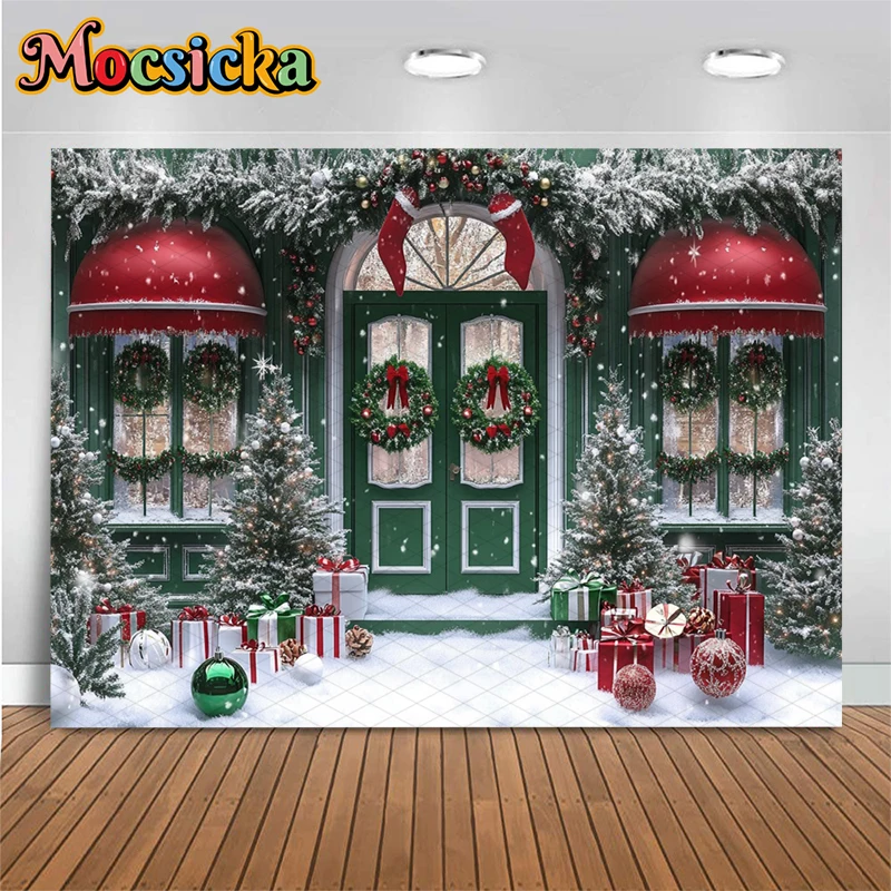 Mocsicka 크리스마스 녹색 집 배경 사진 겨울 눈송이 파티 사진 배경 활 화환 나무 문 장식 배너