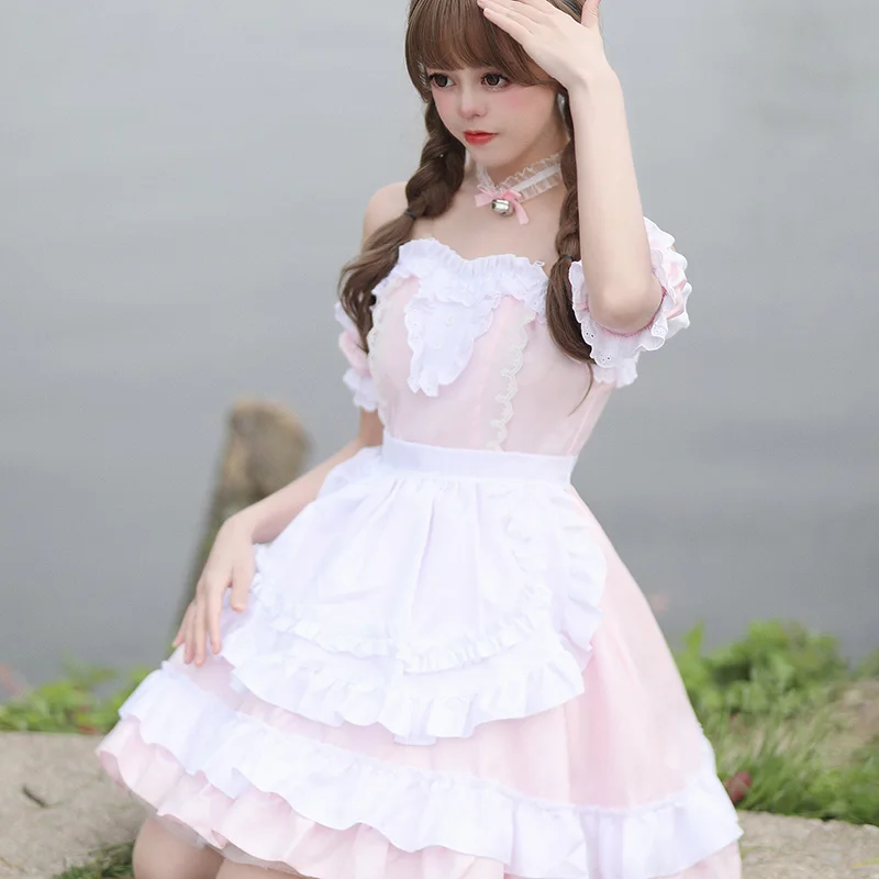 White Pink Lolita Dress Anime Cosplay Classical Sweet Style Kawaii Role Play Costumes Restaurant Waitress Uniform Slash Neck