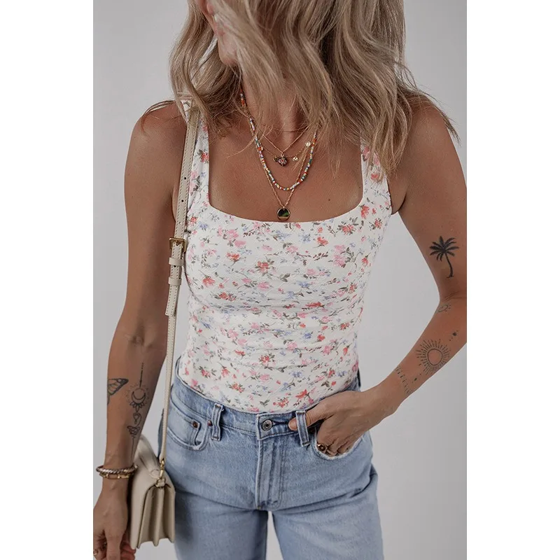 2025 Summer Plant Flower Printed Skinny Vest Bodysuits Women Square Neck Sleeveless Backless Slim Casual Spicy Girls Street Tees