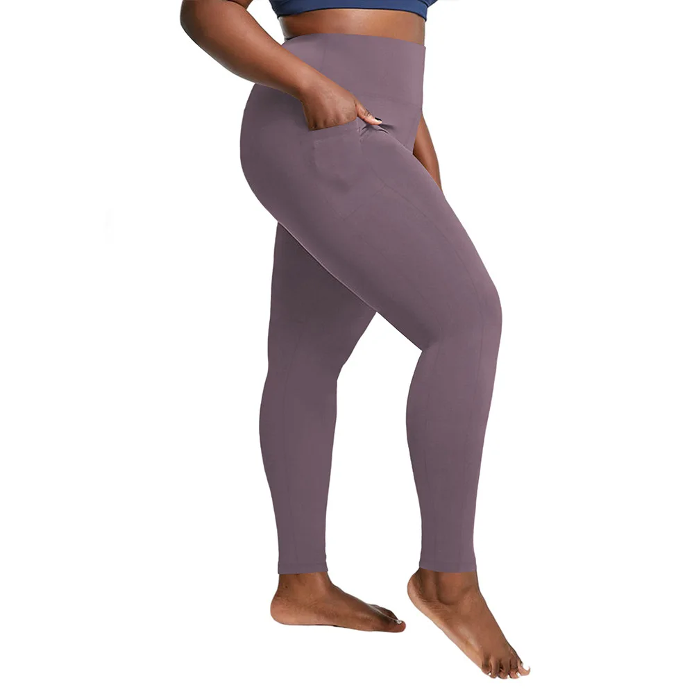 �Damen-Yoga-Leggings in Übergröße mit hoher Taille und Taschen | Bauchkontrollierende, hüftbetonte Workout-Strumpfhose in einfarbigen Farben für das Fitnessstudio – Detail 13