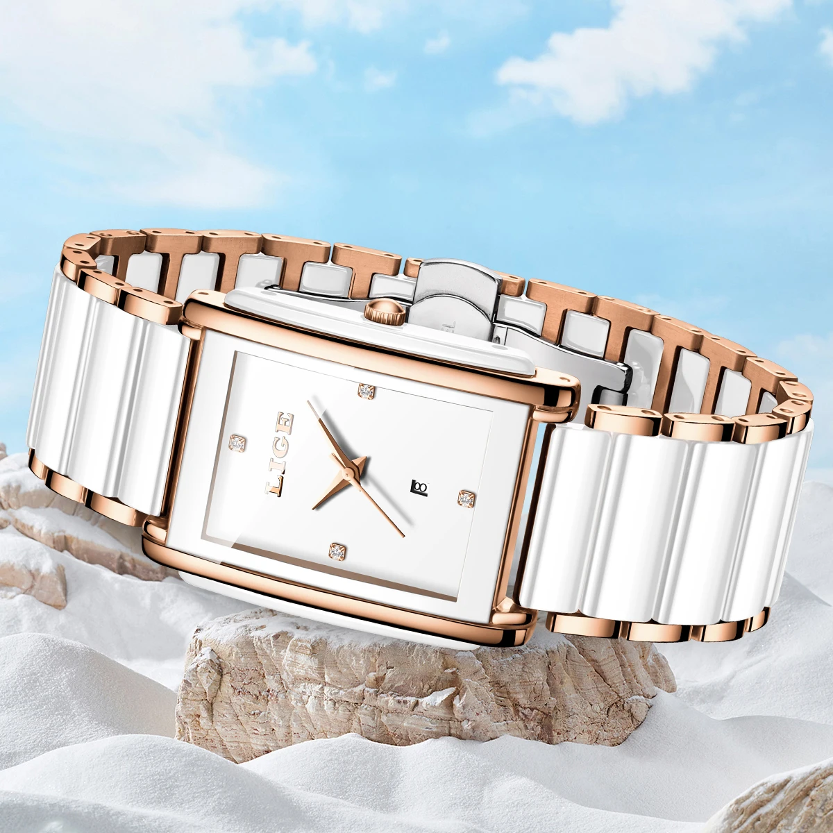 LIGE Fashion Woman Quartz Watches Simple Diamond Calendar Romantic Women Watch Elegant Ceramic Birthday Gift Ladies Wristwatches