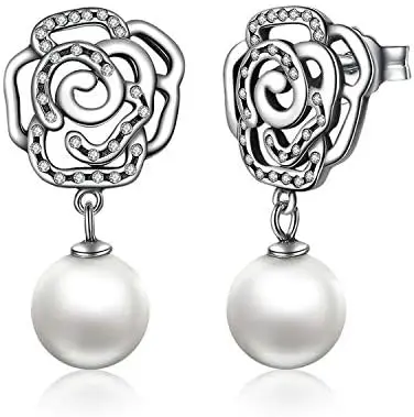 

LSLYTQ 100% Authentic 925 Rose and Pearl Female Earrings Quality Drop Earrings Jewelry