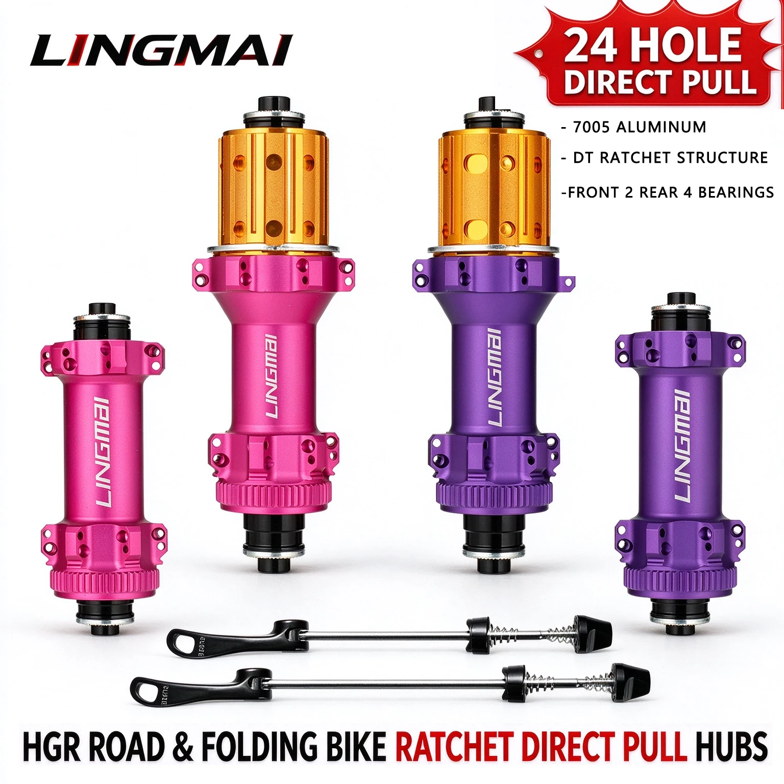 LINGMAI Bicycle Hub Ultra Light Road HUB, Ratchet 54T Bicycle Lock Brake Direct Pull HUB 24 Holes HG