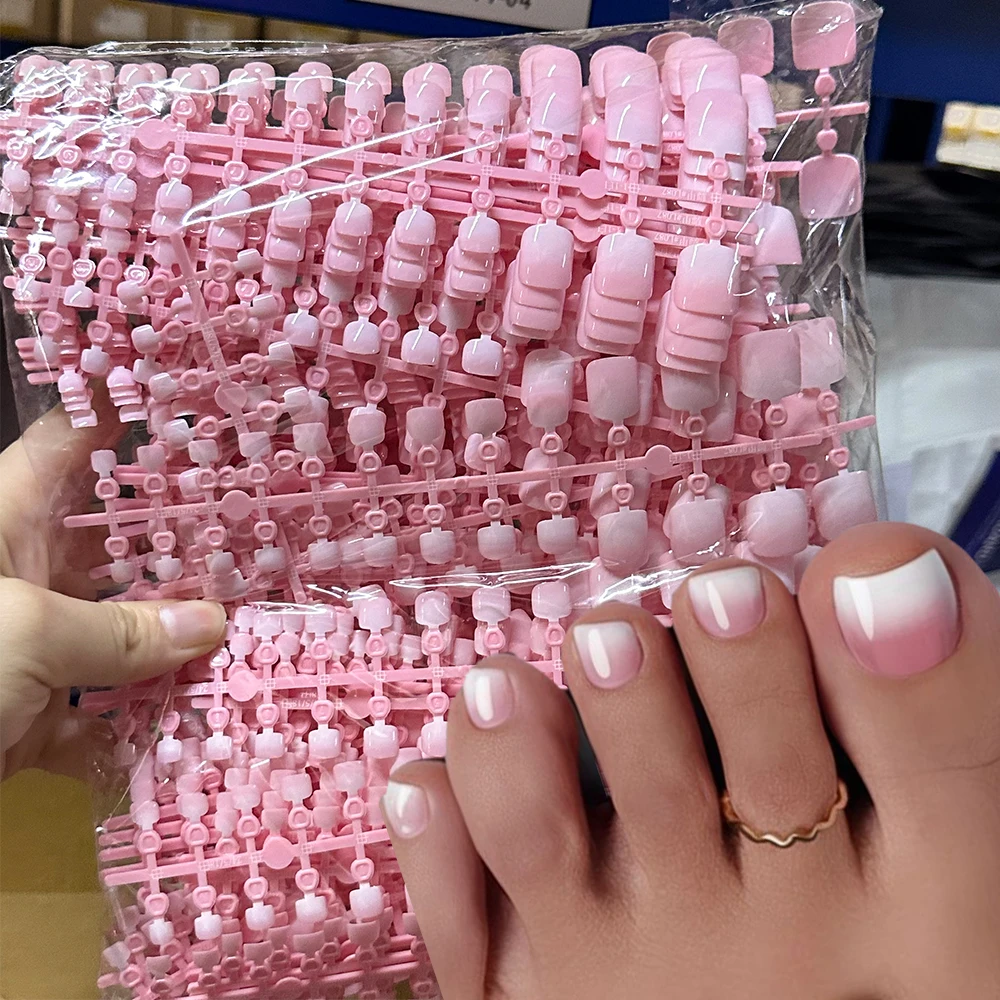 

120Pcs Pink White Gradient False Toe Nail Tips French Short Square Press On Toenail Nude Color Soft Gel Full Cover Fake Toe Nail