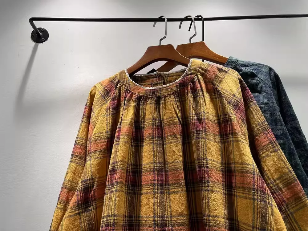 2025 blusas elegantes para mujer mori girl primavera otoño estilo japonés camisas y blusas a cuadros amarillas de algodón tops de manga larga