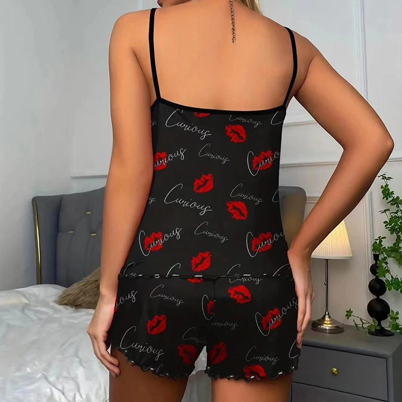 Women\'s Pajamas Set Sleepwear 2 PCS Camisole And Shorts S M L Black Ventilate Soft Casual Heart Mouth Print