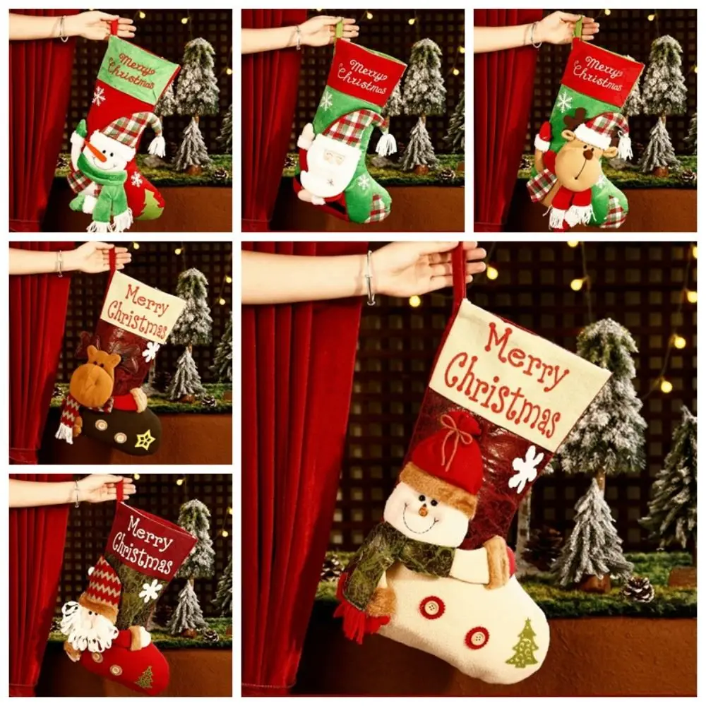 Large Capacity Christmas Stockings Elk Santa Claus Santa Gift Pocket Snowman Cartoon Plush Xmas Tree Hanging Decoration