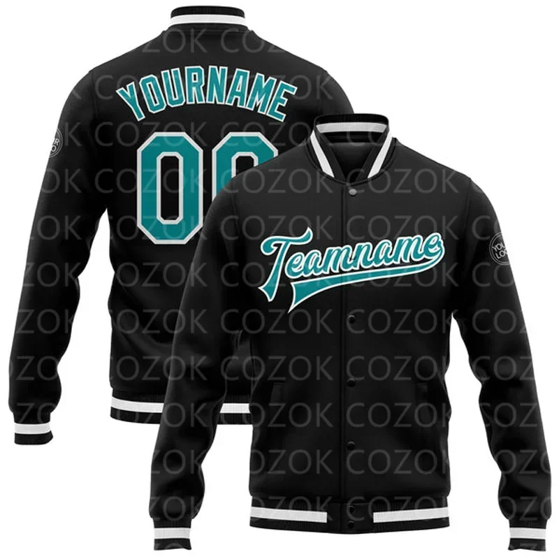 Custom Black Green 3D Printed Baseball Button Jacket Bomber Full-Snap Varsity Letterman Jacket